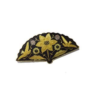 Vintage Spanish Damascene Fan Brooch, 1950s Black Gold Bird Flower Inlay Pin